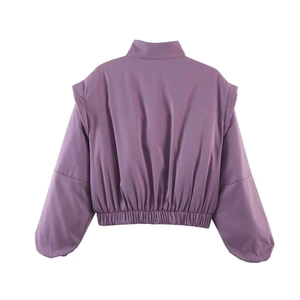 Back view of a purple stand collar jacket with elastic hem and pleated details
