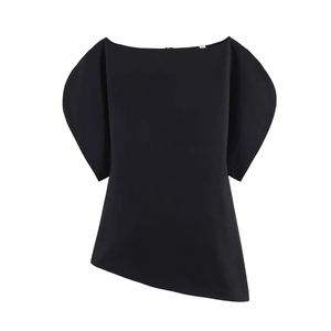 Black off-shoulder top with bubble sleeves and irregular hemline on white background