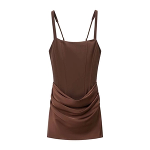 Brown satin corset mini dress with slim straps and ruched detailing on a white background