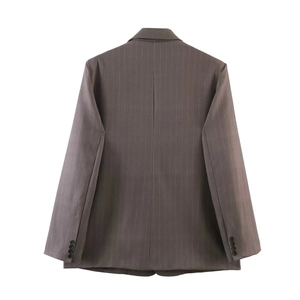 Formal brown pinstripe blazer for women with shoulder pads and long sleeves, back view
