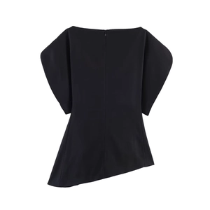 Detail of black off-shoulder top with puff sleeves and asymmetric diagonal hem design