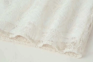 Detail of white floral lace fabric with intricate mesh patterns and delicate embroidery texture