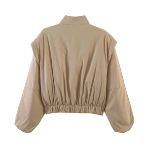 Back view of a khaki short jacket featuring a stand collar and elastic waist hem detail