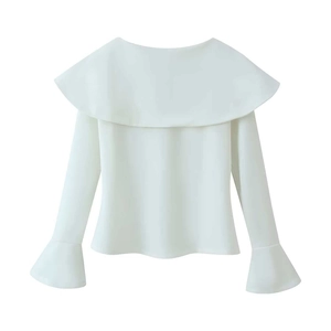 Elegant white long sleeve off-the-shoulder blouse with ruffled shawl collar and flare sleeves