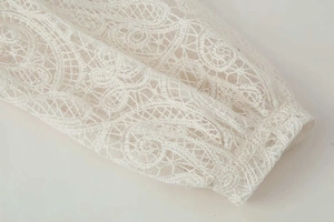 Detailed macro view of the intricate wavy lace embroidery and pleated cuff on the sleeve