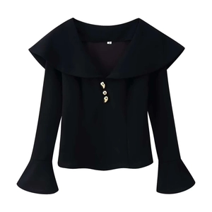Elegant black long sleeve top with oversized sailor collar and gold artistic buttons