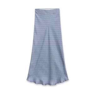 Elegant Women High Waist Polka Dot Satin Skirt Retro Light Blue Trumpet Midi Skirt Summer Casual Commuter Long Skirt