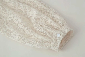 Detailed close-up of beige lantern lace sleeves with paisley patterns and a white button