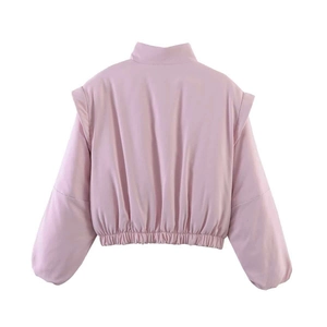 Back view of a light pink stand collar jacket with elasticized hem and smooth fabric