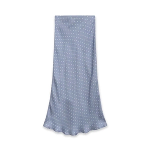 Elegant light blue polka dot satin midi skirt with high waist and fishtail hemline