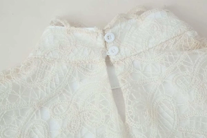 Close-up of white high-neck lace collar featuring intricate floral patterns and back buttons