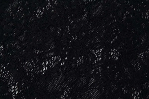 Detail shot of the intricate floral lace pattern and mesh texture of this black dress