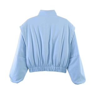 Rear view of light blue faux leather bomber jacket with stand collar and elastic hem