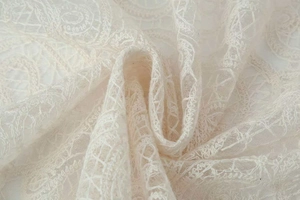 Detail of elegant off-white lace fabric with intricate geometric embroidery and mesh