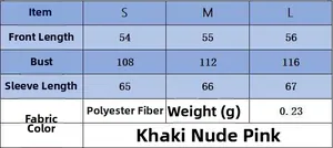 Detailed size chart for the round neck long sleeve knit sweater in khaki and pink