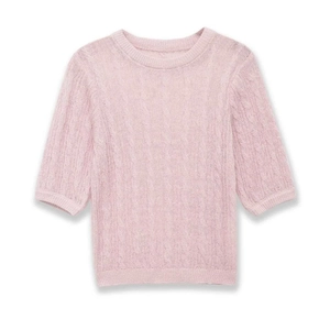 Women Casual Pink Cable Knit Short Sleeve Top Elegant Round Neck Slim Fit Knitted Pullover Sweater Minimalist Daily Apparel