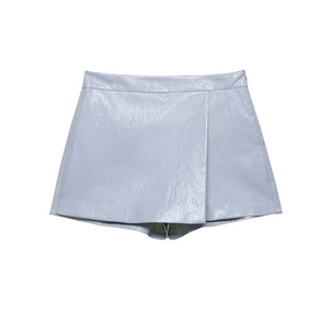 Jupe-culotte en Similicuir Bleu Clair pour Femmes Taille Haute Design Croisé Asymétrique Mini Shorts Jupe Avec Fermeture Éclair Invisible