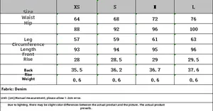 Size chart table for women mid-waist ripped denim jeans with detailed measurements