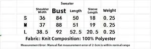 Detailed size chart for the minimalist short sleeve knit sweater showing S, M, L dimensions