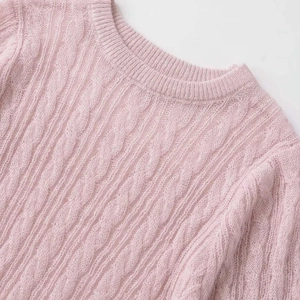 Pink cable knit sweater with textured mohair finish and ribbed round neckline for women