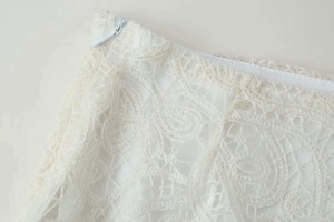 Detail view of the intricate lace texture and high-quality invisible zipper on the skirt