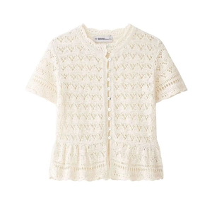 Women Casual Short Sleeve Knit Crochet Cardigan Round Neck Lace Hollow Peplum Hem Solid Color Elegant Summer Knitwear Top