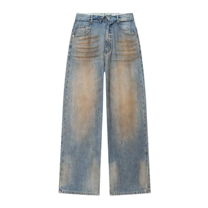 Women's Retro Washed Straight Leg Jeans With Asymmetrical Diagonal Waist Design Distressed Dirty Wash Casual Denim Pants