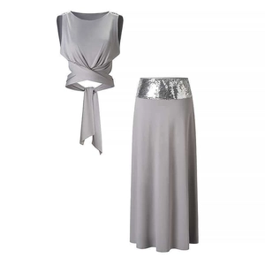 Elegant Women Sleeveless Tie-Waist Top And Sequin Long Skirt Two Piece Set Polyester Solid Color Banquet Party Outfits