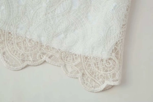 Close-up of elegant white embroidered lace fabric with delicate scalloped edge detail