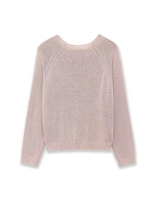Detail view of pink knit sweater featuring ribbed crew neck and soft raglan sleeve texture