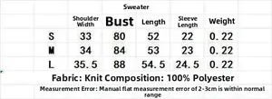 Detailed size chart for women's short sleeve knit sweater with S, M, L measurements
