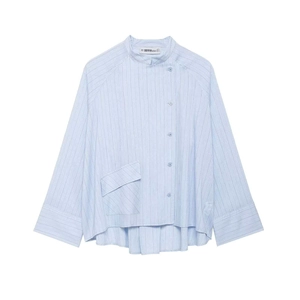 Women Striped Long Sleeve Shirt Stand Collar Asymmetric Button Up Blouse With Pocket High Low Hem Casual Loose Commuter Top