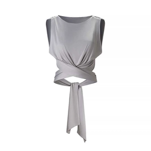 Women's chic grey sleeveless crop top with stylish waist wrap-around tie detail