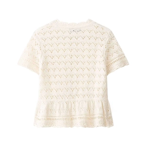 White hollow lace short sleeve top with round neck and peplum hem for summer fashion