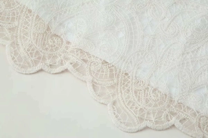 Close-up of white lace fabric with floral embroidery and scalloped edge detail