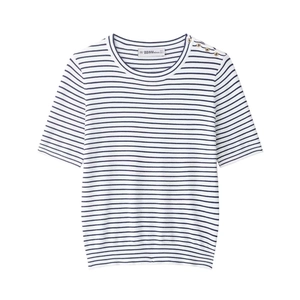 Women Striped Short Sleeve Knit Top Round Neck Summer Casual T-Shirt With Decorative Shoulder Buttons Marine Style