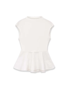 Detail of a white sleeveless peplum top with elegant waist flare and clean round neckline