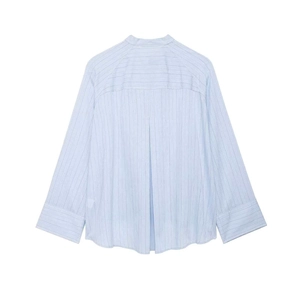 Women's light blue oversized striped shirt featuring back box pleat detail