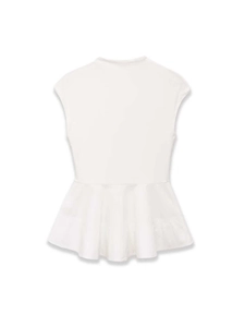 Back view of a white sleeveless peplum top with waist pleats and ruffle hem detail