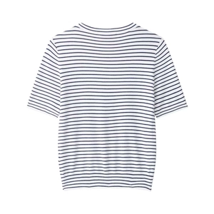 Minimalist white and blue striped short sleeve knit shirt with a classic crew neck
