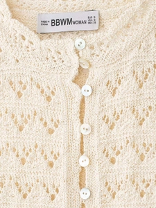 Detailed close-up of cream crochet knit texture and round buttons on the front cardigan