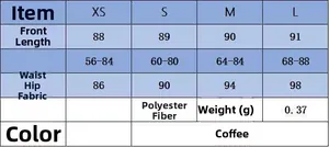 Size chart for brown midi skirt with measurements for length, waist and hip in sizes XS to L