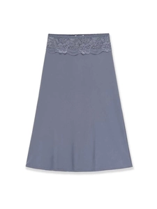 Detailed view of the blue-grey A-line slip skirt with delicate floral lace waistband