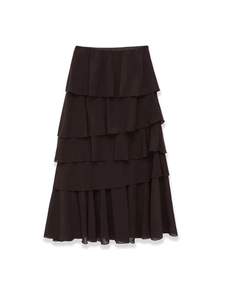 Detail of multi-layered coffee brown chiffon tiered maxi skirt with elegant A-line silhouette