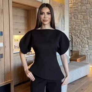 Women Off Shoulder Puff Sleeve Top Asymmetric Hem Back Zipper Solid Color Sexy Party Casual Fashion T-Shirt Blouse