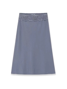 Detail of greyish blue midi skirt featuring exquisite lace waistband and smooth A-line fabric