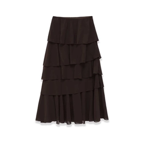 Elegant chocolate brown multi-layer chiffon midi skirt with tiered ruffle design