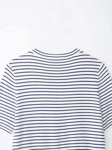 Detail of the crew neck and blue horizontal stripes on white short sleeve knitwear top