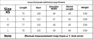 Size chart table for oversized blazer showing length, bust, and shoulder measurements