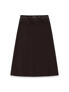 Close-up detail of the elegant black lace waistband and smooth fabric on this A-line skirt